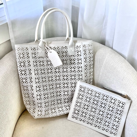 Tory Burch White Laser-Cut Tote with Zip Pouch Set - Picture 2 of 6